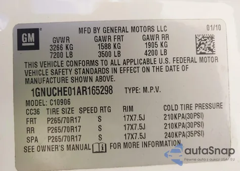 2010 Chevrolet Suburban 1500 Ls from USA, damaged, VIN 1GNUCHE01AR165298